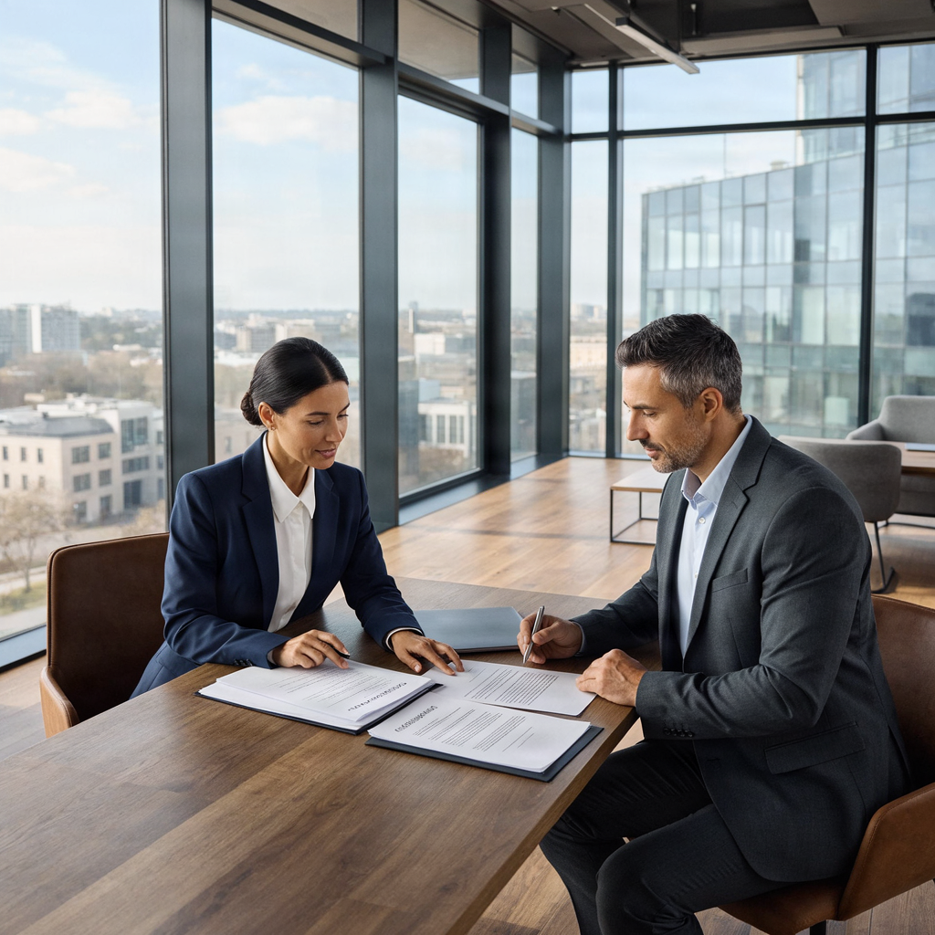 Legal consultation meeting between a lawyer and a client in a modern office.